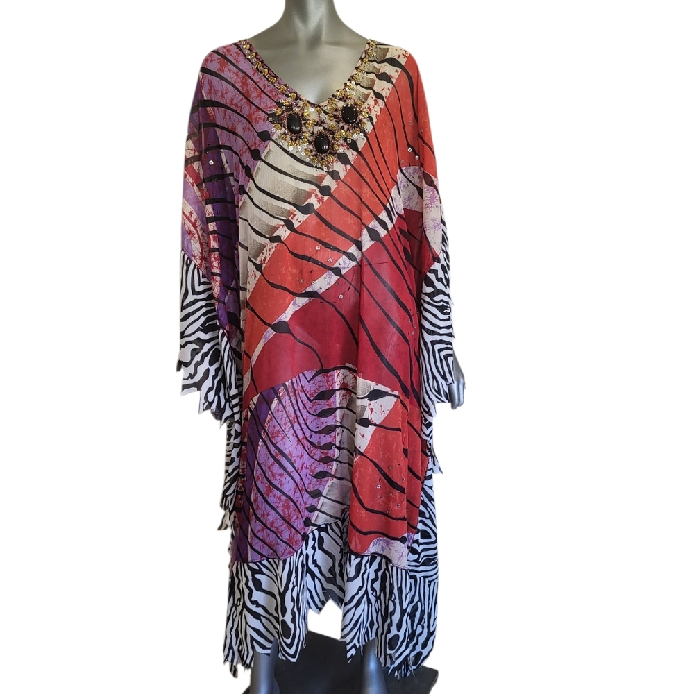 170B. NWT Pegasus Woman Colorful Zebra Print Kaftan Dress - One Size